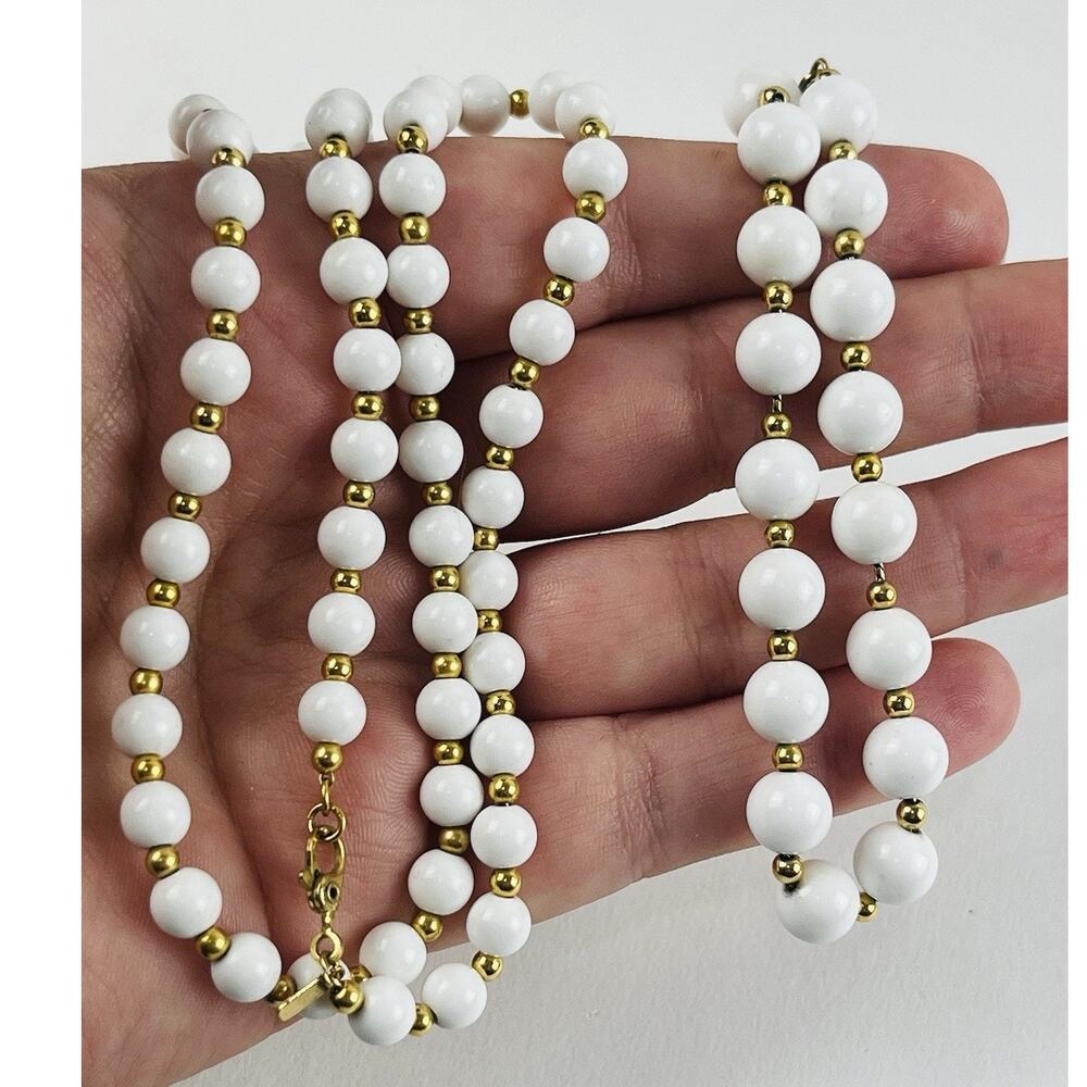 Vintage Set MONET Milk Glass White Gold Beaded Necklace Bracelet Lobster Clasp